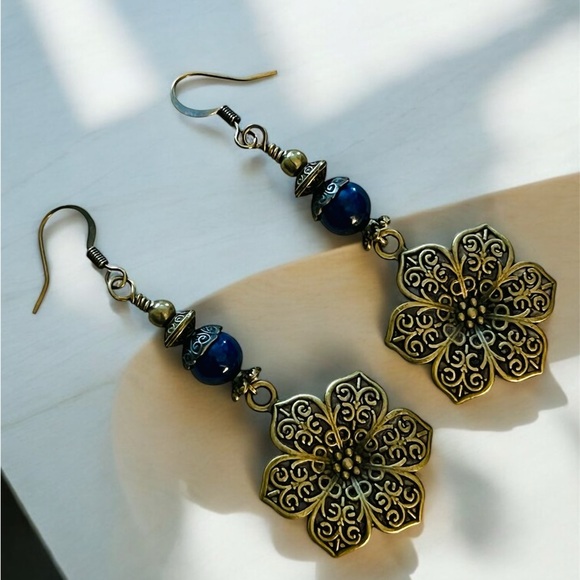 Elegant Gold and Blue Floral Earrings - Picture 1 of 10